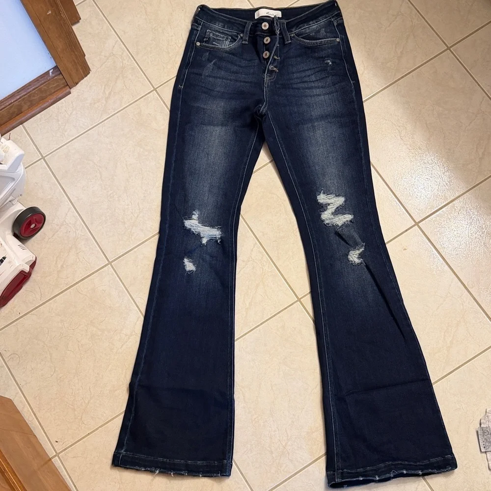 KanCan Women's Dark Blue Flare Jeans - Picture 1 of 8